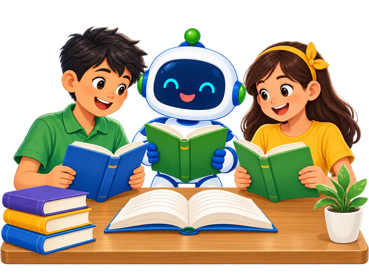 Two children reading with the READSmart guide mascot.