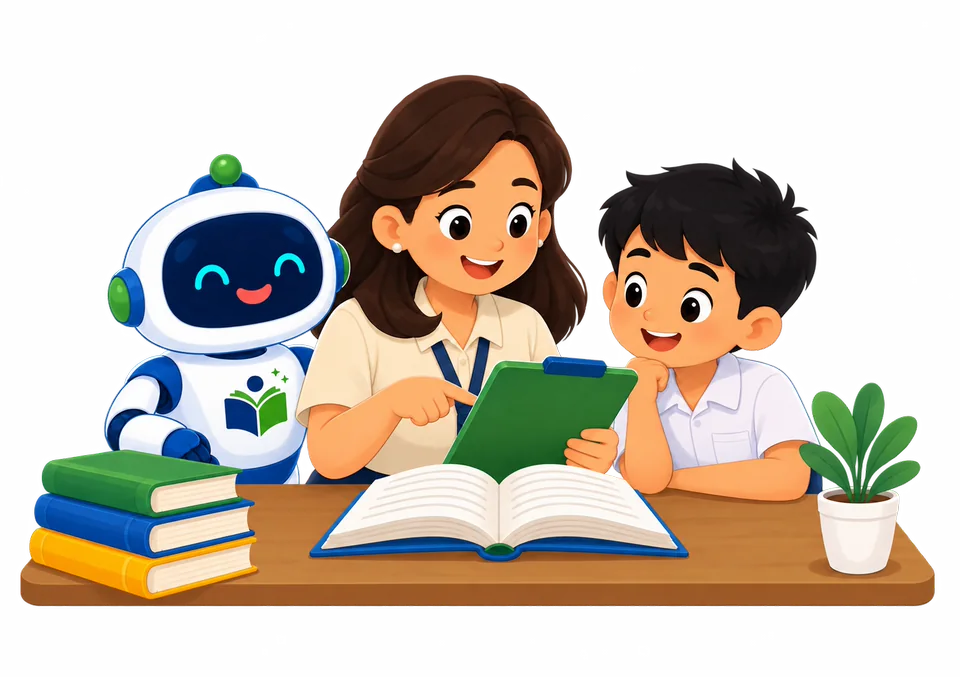 A teacher and pupil look at a reading result with the READSmart mascot.