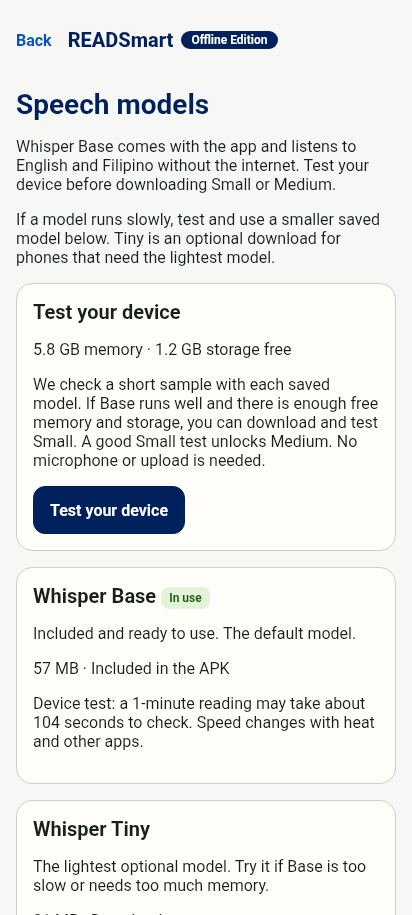 The offline speech model screen
