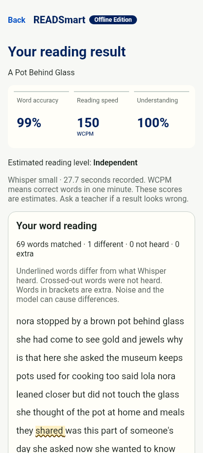 An offline reading result