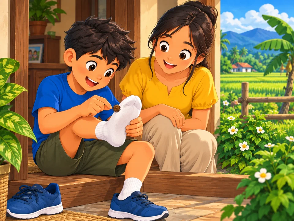 A Filipino boy seated by an open home doorway examines a tiny hooked burr on his white sock, with his aunt smiling beside him and a green field outside.