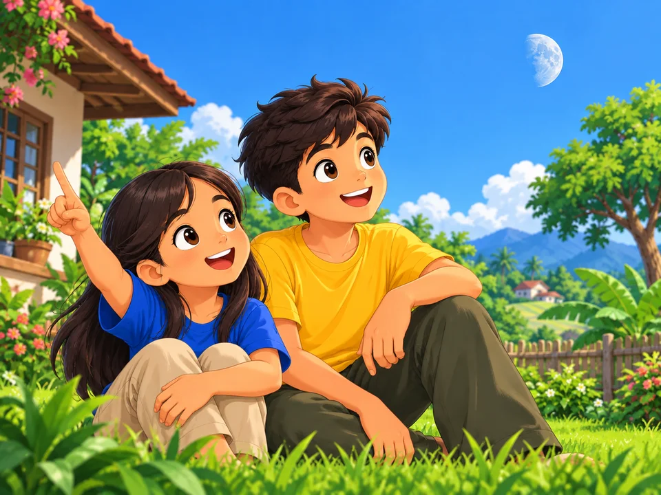 A Filipino girl and her older brother in a grassy home yard at midday, looking up at a small pale Moon high in a clear blue sky.