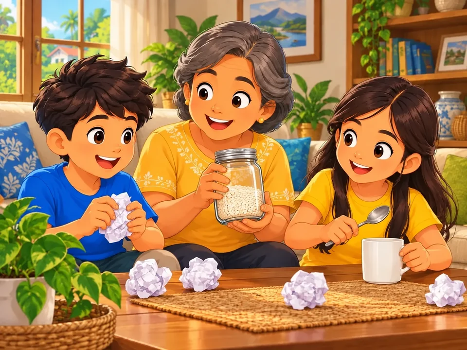 Two Filipino siblings with their grandmother in a cozy sunlit living room inventing a sound story using crumpled paper, a sealed clear jar containing rice, and a spoon beside a cup.