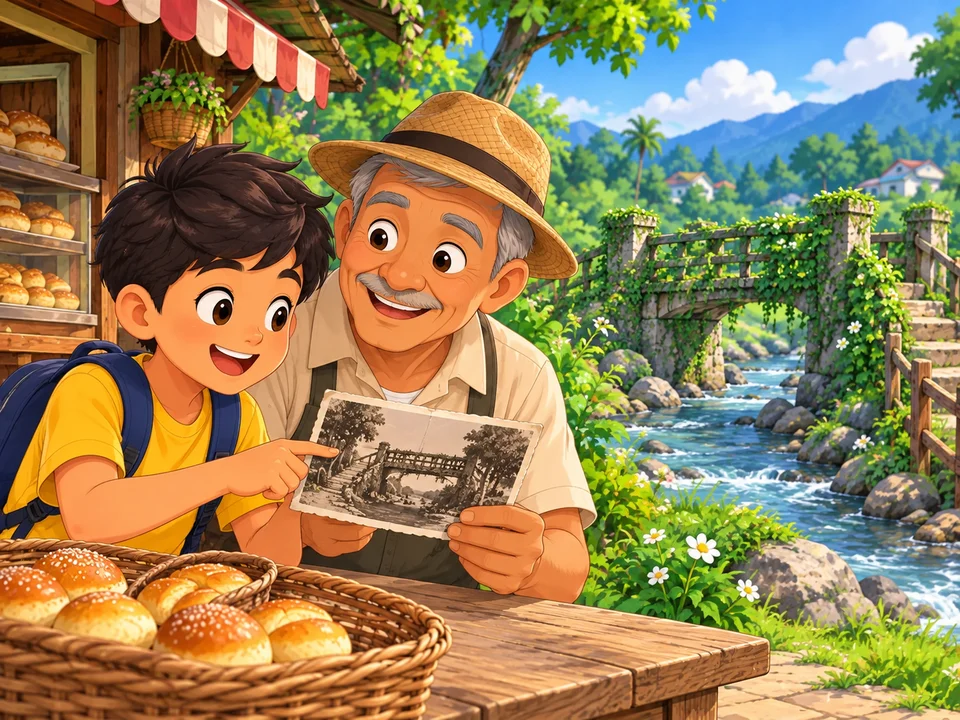A Filipino boy and his grandfather beside a small riverside bakery compare an old black-and-white photograph with the partly plant-covered footbridge behind the shop.