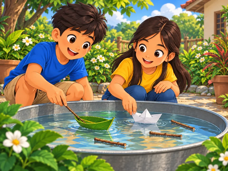 Two Filipino cousins smiling beside a shallow water tub in a garden, playing with a leaf boat, a folded paper boat and small twigs.