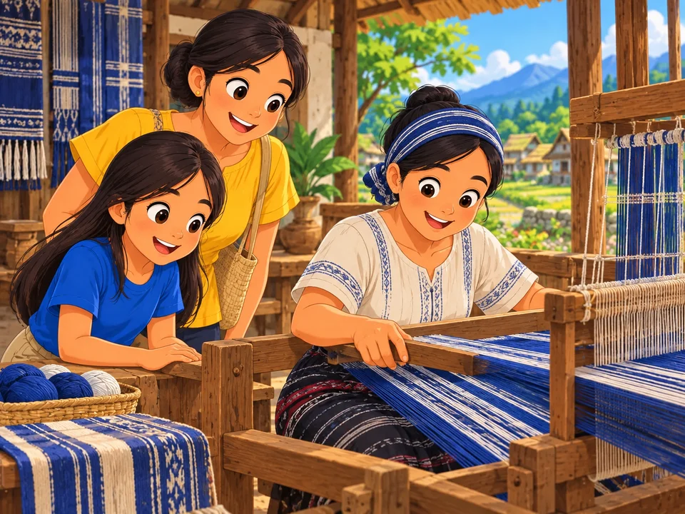A Filipino girl and her aunt watch an Ilocano artisan weave blue and white cloth on a wooden loom with colored threads.