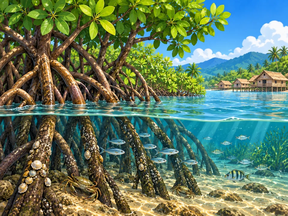 A storybook cutaway of a Philippine mangrove shore: tangled roots and small fish sheltering underwater beneath a green leafy canopy.