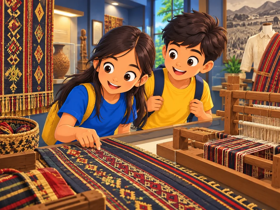 A Filipino girl and boy at a museum display look closely at richly patterned Ilocano woven cloth and a small wooden loom.