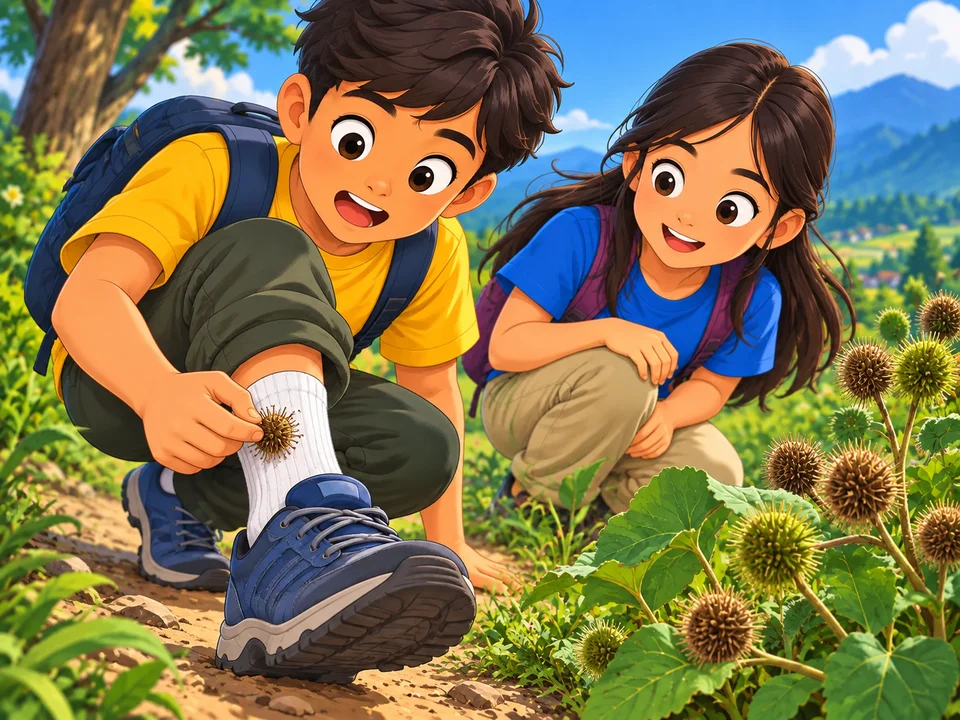 A close-up of a hooked burr caught on a child’s white sock beside a leafy path, with small seed plants in the background.