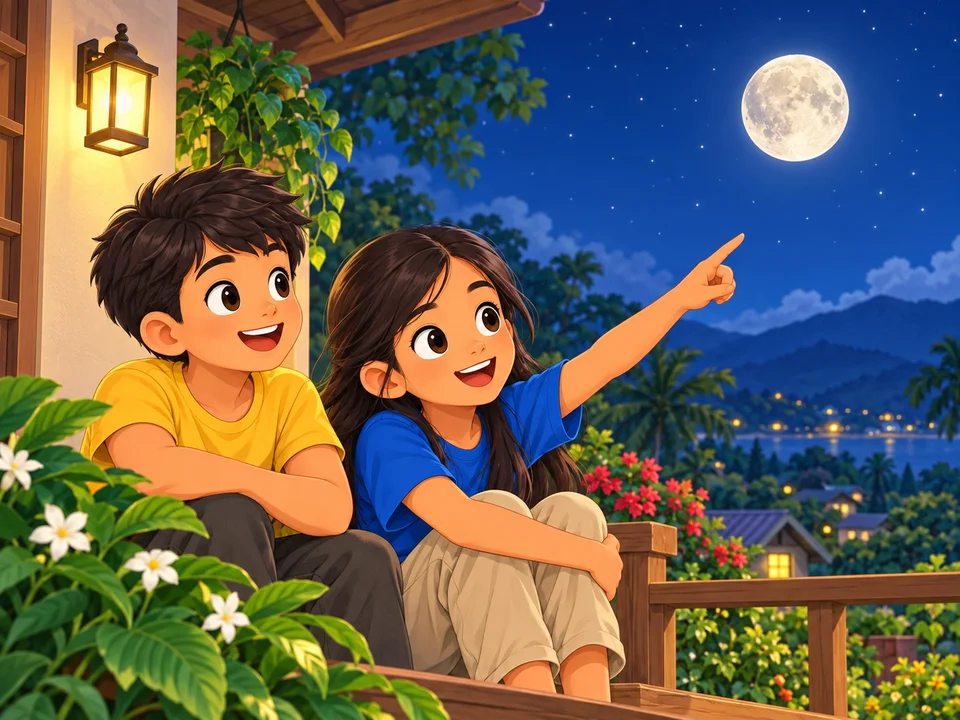 Filipino children on a home veranda on a clear evening look at the softly lit rocky Moon in a deep blue sky, with a warm lamp on a nearby wall.