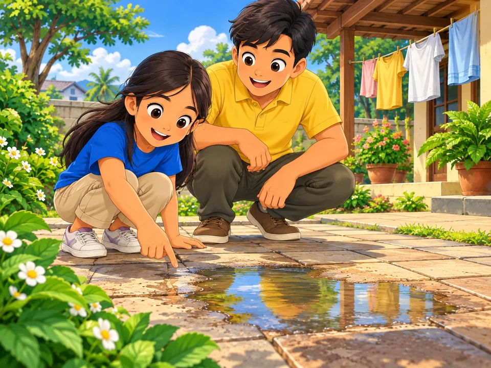 A Filipino child and an adult watch a small rain puddle shrink on a sunny garden path, with drier pavement at its edges and clothes drying under a veranda.