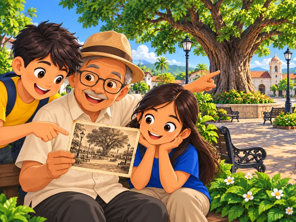 Two Filipino children and an elder in a leafy town plaza compare an old photograph with today’s view of the same large tree, benches and walkway.