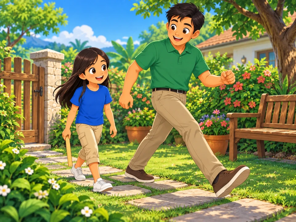 A Filipino girl holding a measuring stick walks beside her father as he takes a longer step along a garden path.