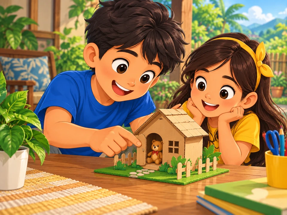 A Filipino boy taps the tiny door of a cardboard house containing his toy bear while his sister watches.