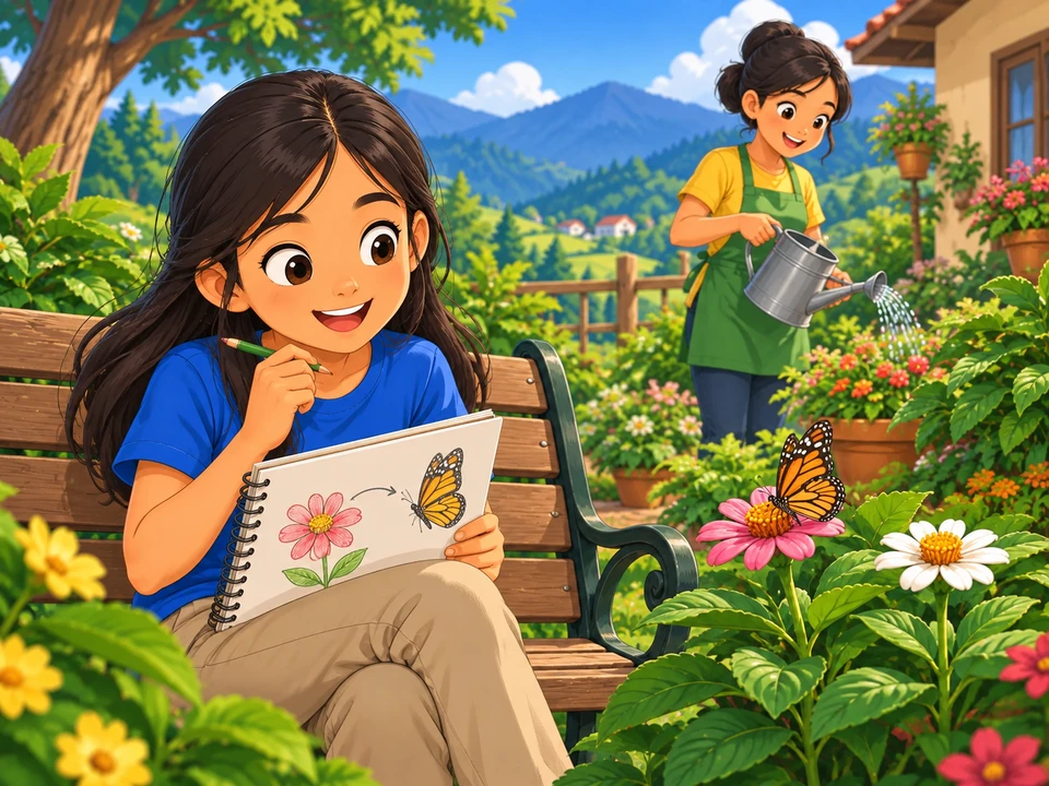 A Filipino girl sketches a butterfly visiting garden flowers while her aunt waters plants.