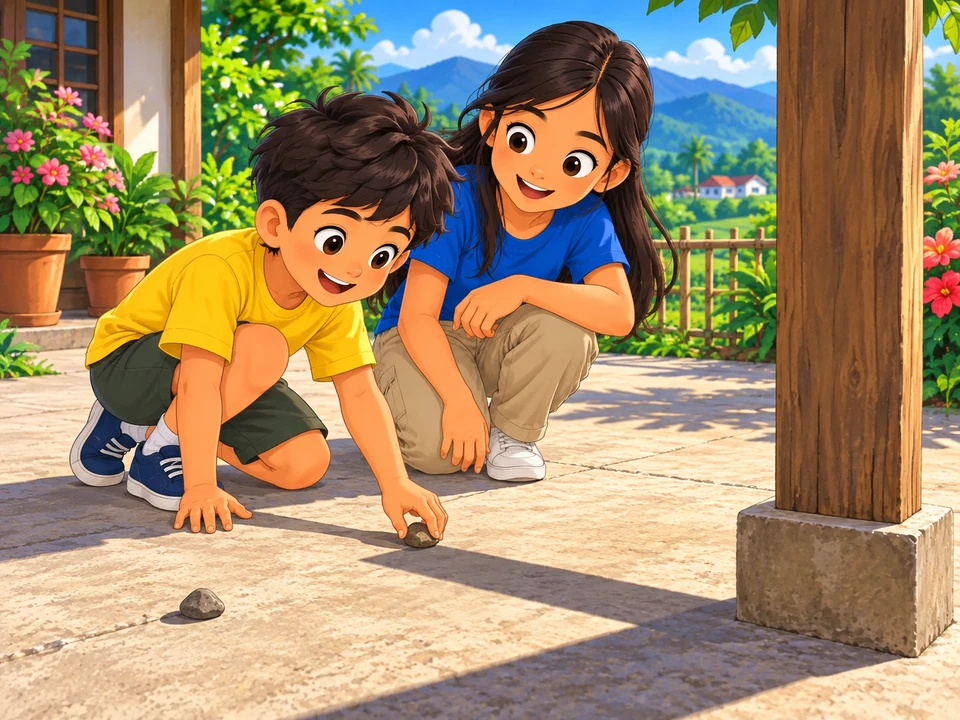 A Filipino boy and his sister use two stones to mark different positions of a veranda post’s shadow.