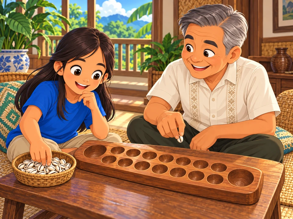 A Filipino girl and her grandfather prepare a sungka board with fourteen small pits, two end stores and cowrie-shell counters.