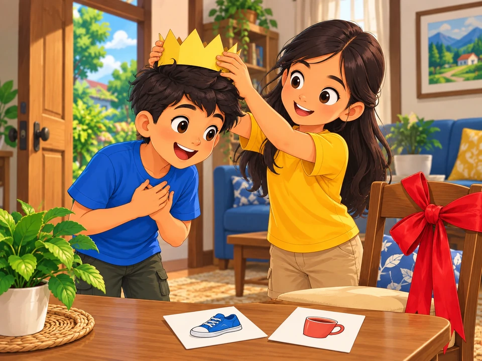 A Filipino girl crowns her bowing brother beside a ribbon-decorated chair and illustrated clue cards.