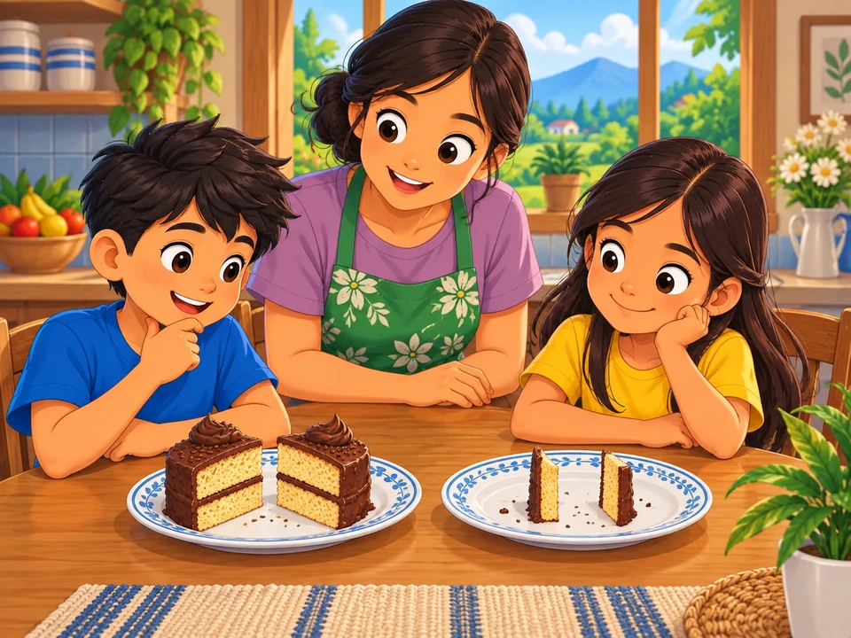 Two Filipino cousins and their aunt compare two large cake pieces with two thin strips on separate plates.