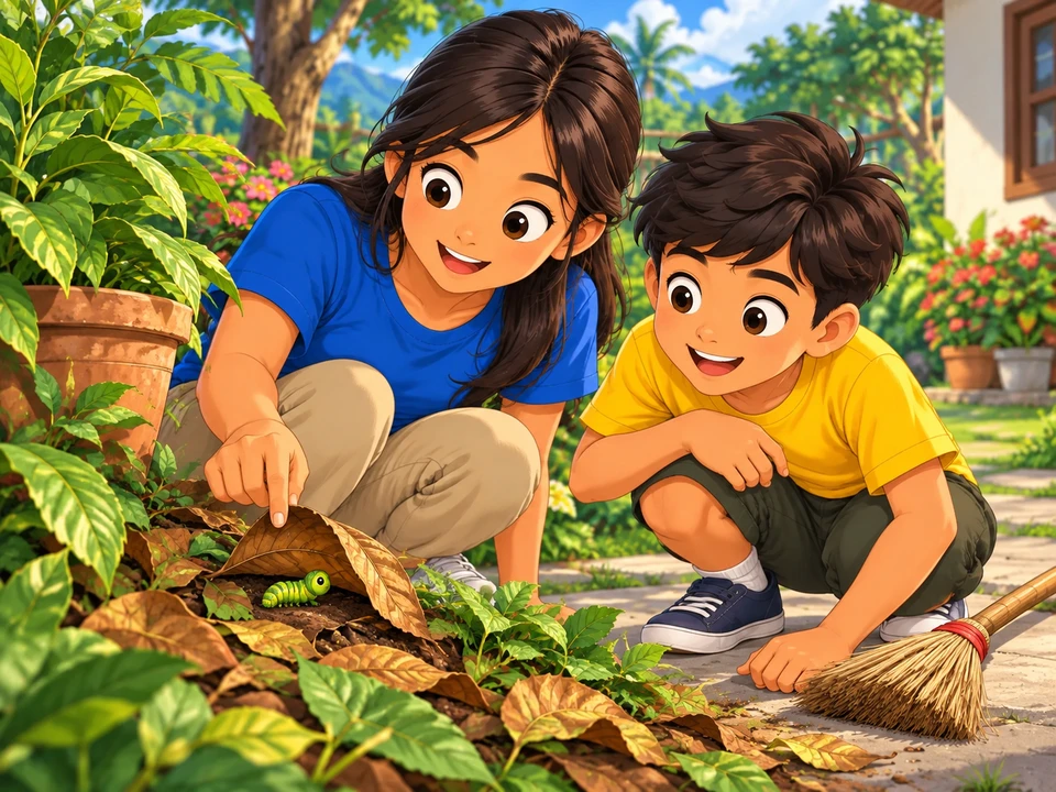 A Filipino boy and his aunt notice a small caterpillar sheltered beneath a curled fallen leaf beside a garden path.