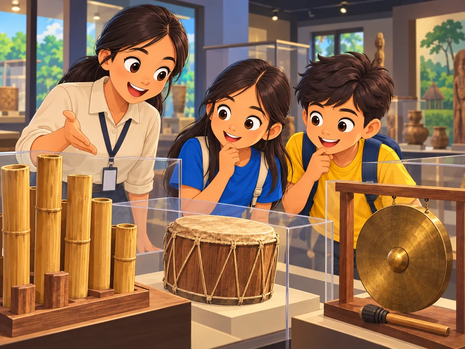 Two Filipino children thoughtfully examine a museum display of plain musical instruments with an adult guide: bamboo tubes, a wooden drum and a simple brass gong. Focus on contrasting materials and curiosity. Objects stay in their display, no invented traditional motifs or costume, no visible labels or lettering, no claim to an exact ethnographic replica.