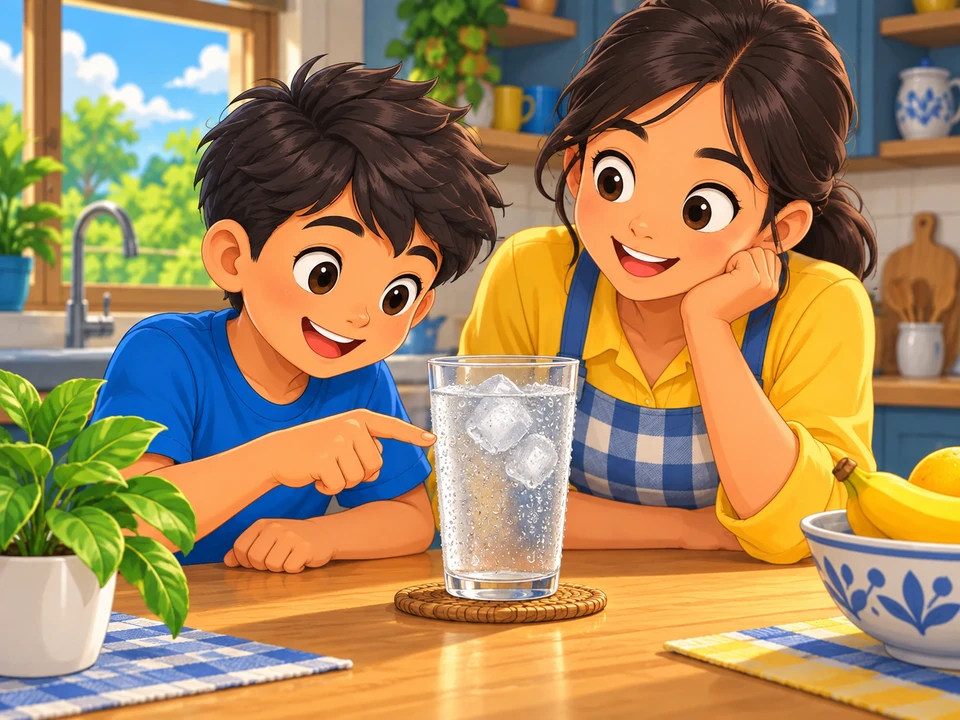 A Filipino child and an adult closely observe tiny clear water droplets on the OUTSIDE of an intact glass of ice water standing on a coaster on a kitchen table. The glass is upright, no spills, no cracks, no visible vapor clouds or steam. The child points without touching. Sunny blue, green and yellow kitchen accents.