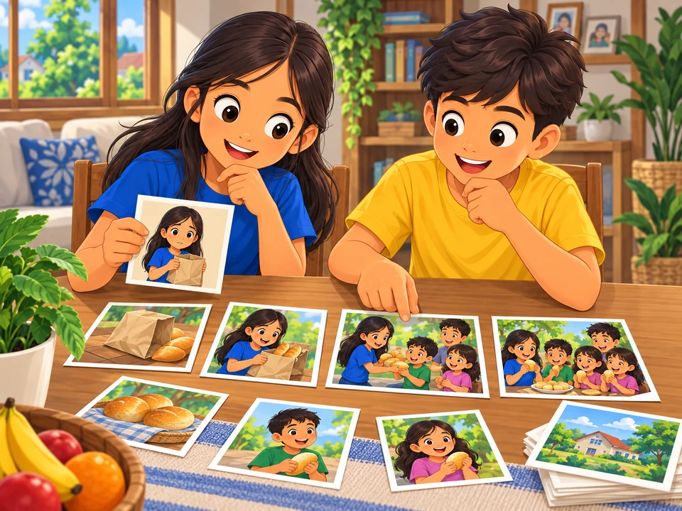 Two Filipino children invent a story at a home table using loose picture cards. One card shows a girl holding an empty paper bread bag; other cards show bread being shared with cousins. The children thoughtfully rearrange the cards. All cards are simple illustrations with no words, no arrows claiming a single correct order.