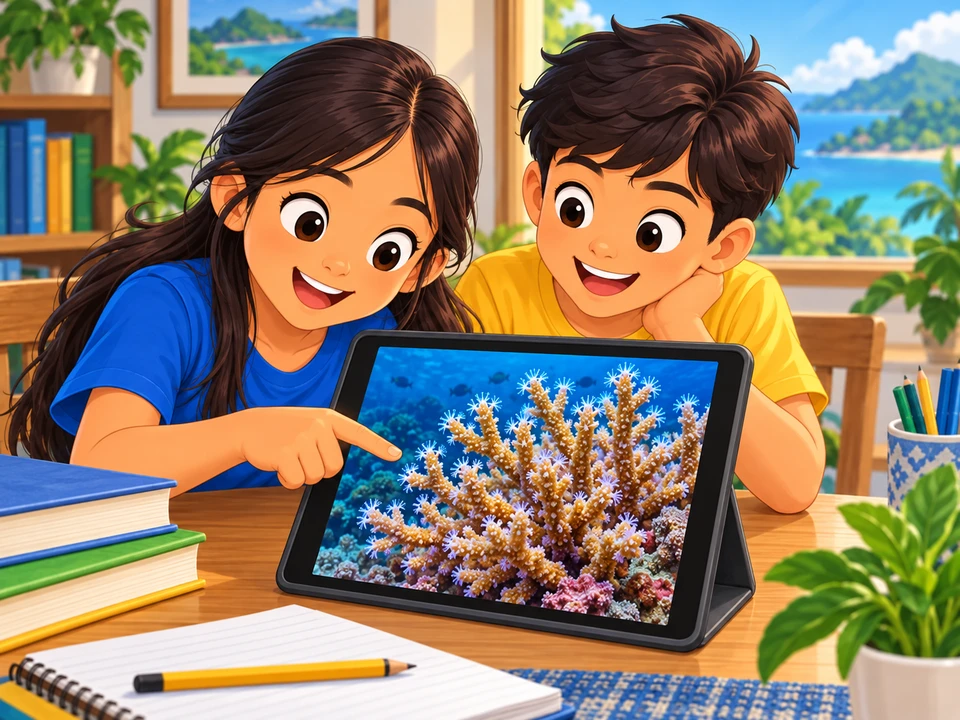 Two Filipino children study a large close-up underwater coral photograph displayed on a tablet at a bright home table. The screen shows attached branching coral with subtle tiny extended polyps, surrounded by blue water. No faces on coral, no terrestrial plants underwater, no touching wildlife, no text. Artistic coral appearance, not a labeled scientific diagram.