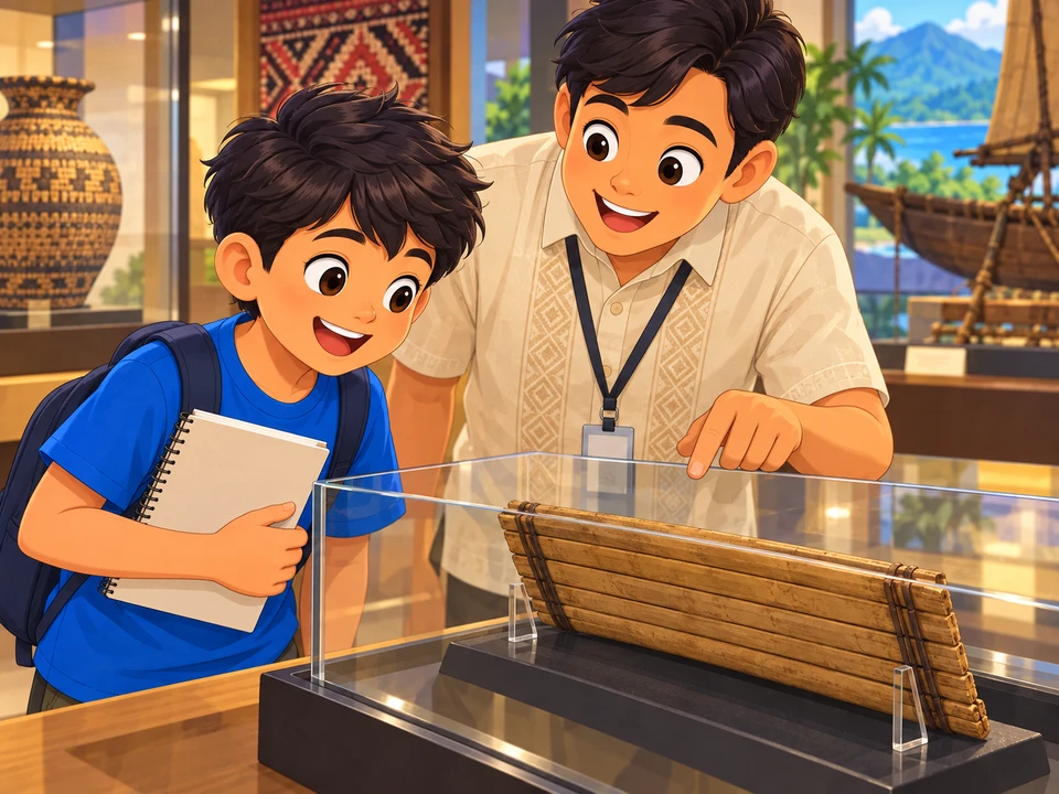 A Filipino child and an adult guide examine an angled bamboo writing artifact behind museum glass, with a closed paper notebook held by the child for contrast. Show only the plain reverse side of the bamboo object, its inscribed face angled away, so there are NO invented or readable glyphs. No carving tools in children's hands, no labels or text.