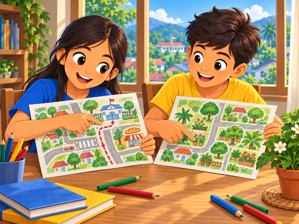Two Filipino children compare their hand-drawn neighborhood maps on a table beside a window with a small flowerpot. One map emphasizes a school gate, bakery, crossing and route; the other emphasizes plants. Simple picture symbols, colored paths, no words or numbers, no real addresses.