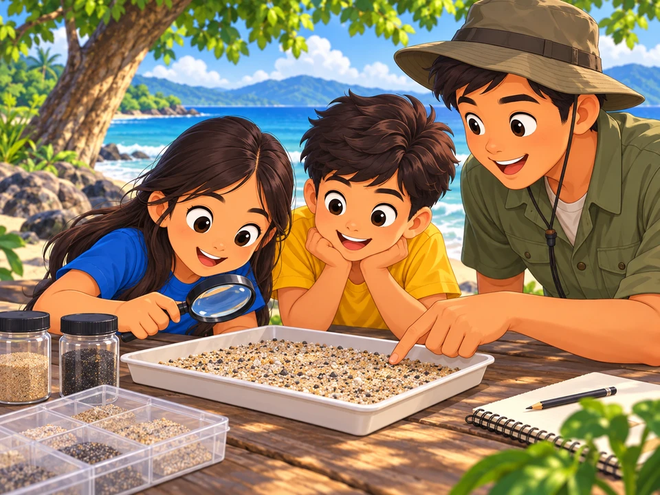 Two Filipino children and an adult examine a shallow tray of varied sand grains with a hand lens at a shaded table near a beach. Keep grains realistically tiny, with subtle light and dark variation; show a calm shoreline in the background. No giant jewels, no identifiable fossils or claims about a specific grain's origin, no text.
