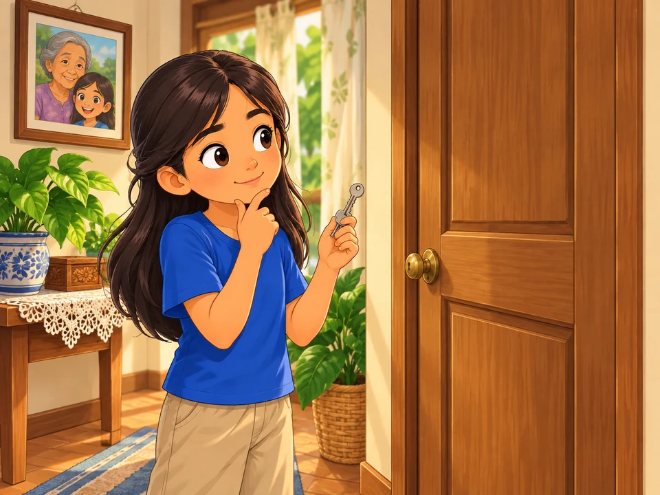 A Filipino girl stands thoughtfully before a small closed wooden room door at home, holding one ordinary key entrusted by her grandmother. The door stays fully closed and nothing behind it is revealed. Warm inviting interior, no treasure, no ghost, no frightening elements, no text.