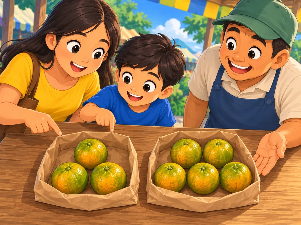 A Filipino child with a parent compares two open plain paper bags of dalandan oranges on a market counter. Exactly three similar-sized oranges are visible in one bag and five in the other, with no hidden fruit. No price labels, no numbers, no text. Thoughtful comparison, warm friendly vendor, vivid sunny colors.