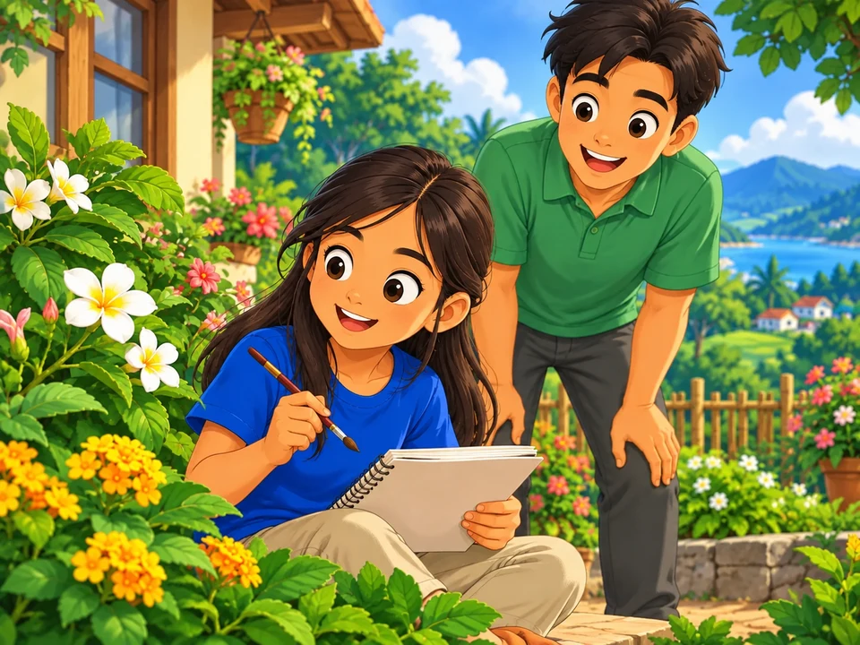 A Filipino girl sits near flowering plants with a blank sketchbook and paintbrush, and her uncle stands nearby. No butterfly or pollen.