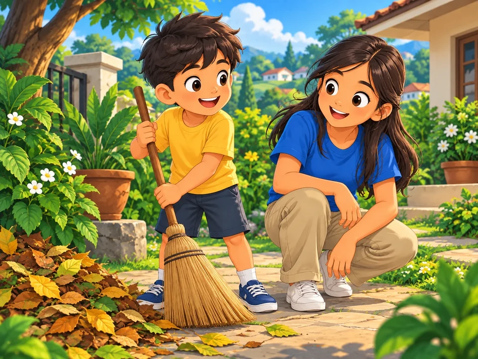 A Filipino boy holds a broom on a garden path beside a loose pile of leaves in a corner, with his older sister nearby. No caterpillar or final cleared path.