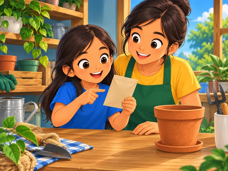 A Filipino girl and her aunt stand beside a shelf and a plain seed packet on a table; an empty clay pot is nearby. No growing seed or planted pot.