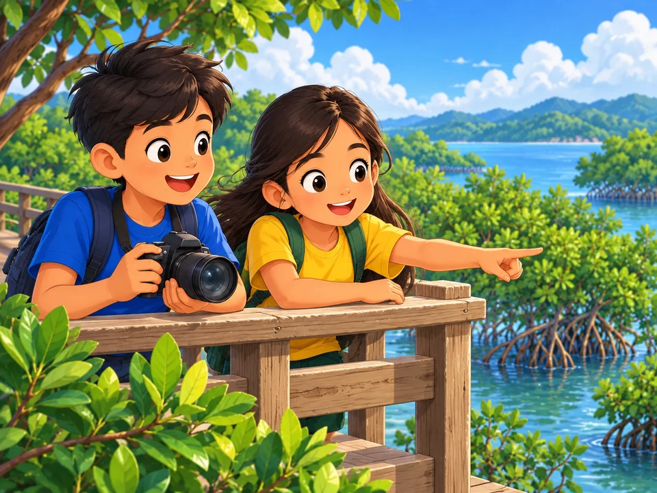 A Filipino boy with a camera and his cousin stand behind a boardwalk railing beside mangroves and blue water. No fish, hiding action, or finished photo.