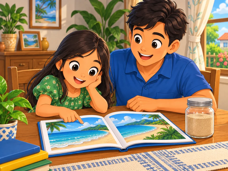 A Filipino girl and her father look at beach pictures beside a small jar of sand.