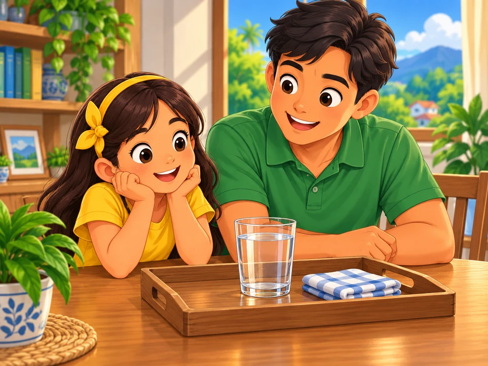 A Filipino girl and her father sit beside a drink glass on a dry tray with a folded cloth nearby. No close-up drops, crack, warmer comparison glass, or result.