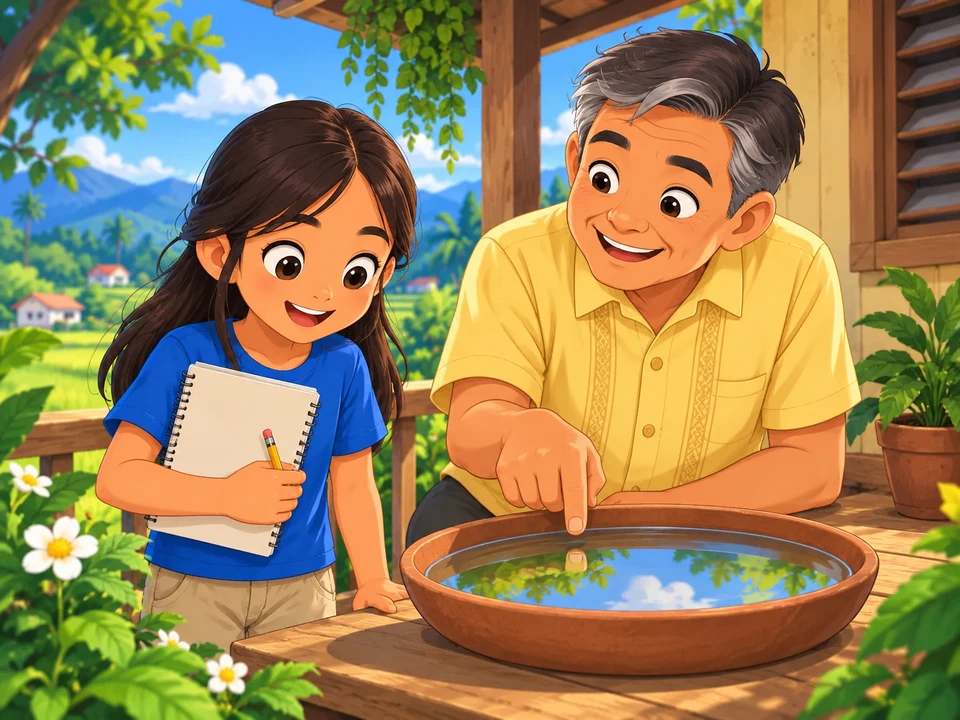 A Filipino girl with a notebook stands on a porch beside a shallow water dish and her grandfather. No before-and-after level, vapor arrows, or measurement result.