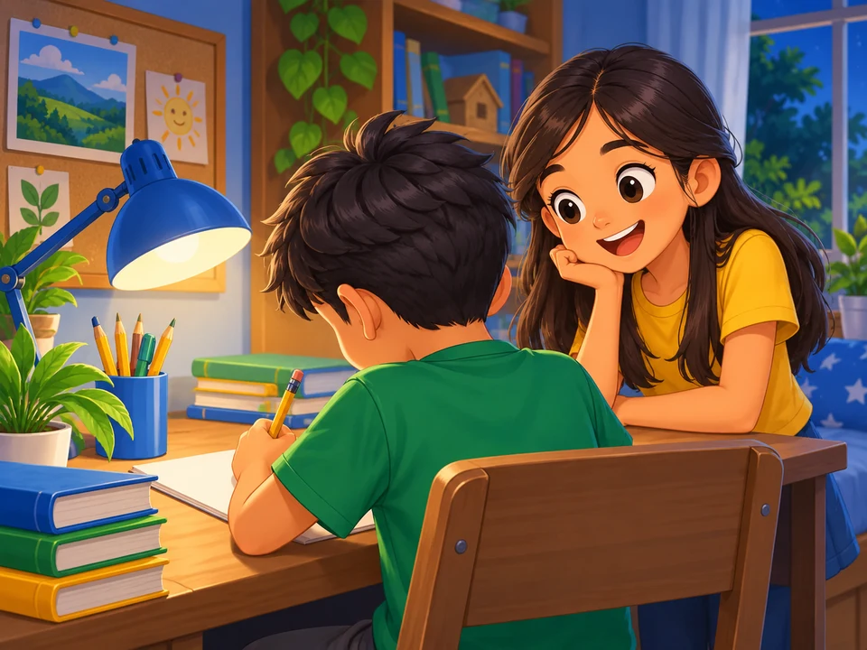 A Filipino boy sits at a desk with a pencil and paper turned away from the viewer, under a desk lamp; his sister looks on. No visible Moon drawing or reflection diagram.