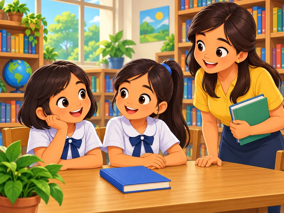 Two Filipino girls sit with a closed blue book while their teacher stands nearby in a library.