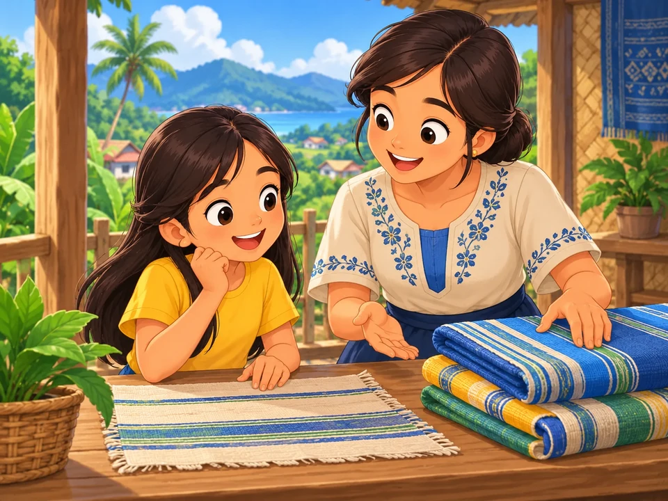 A Filipino girl and her aunt stand beside a weaving table with folded striped fabric and a plain loose sample. No close-up thread structure, reverse comparison, or paint box.