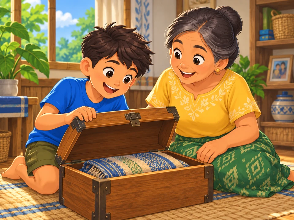 A Filipino boy and his grandmother sit beside a partly opened wooden chest with a folded woven blanket inside. No photograph, drawing, words, or later folding scene.