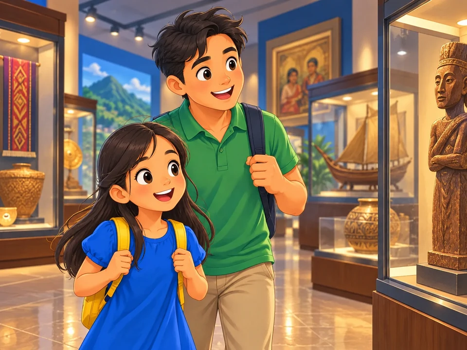 A Filipino girl and her father enter a warmly lit museum gallery with closed display cases in the background. No identifiable pot close-up, shiny treasure comparison, or explanation labels.