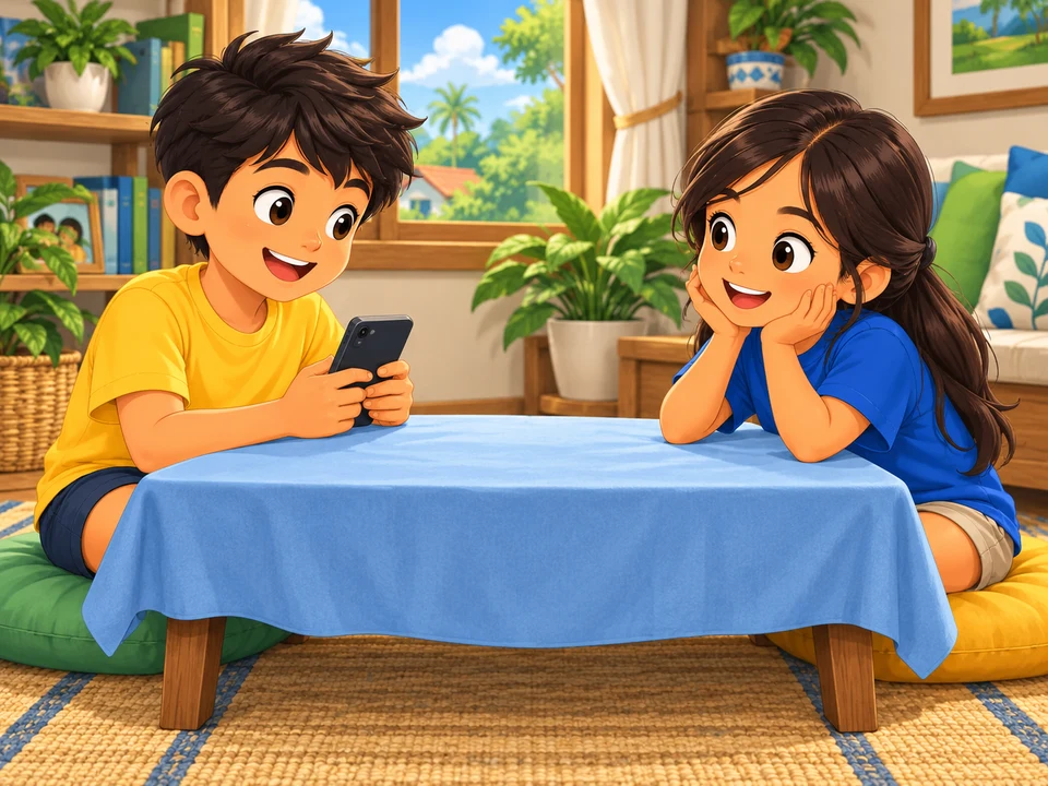 A Filipino boy and girl sit opposite each other at a low table; the boy holds a phone facing away. Keep the board covered with a plain cloth, with no shells or rules visible.