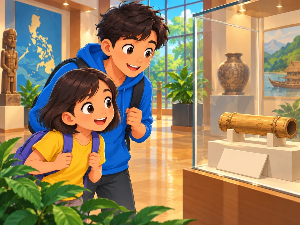 A Filipino girl and her older brother enter a museum with a bamboo object displayed behind glass.
