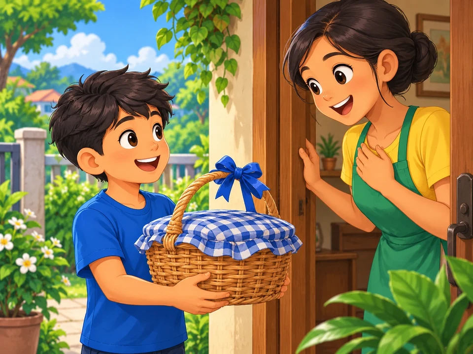 A Filipino boy carries a covered basket with a blue ribbon on the handle at his aunt’s doorway. No memory scene, school bag, or later exchange.