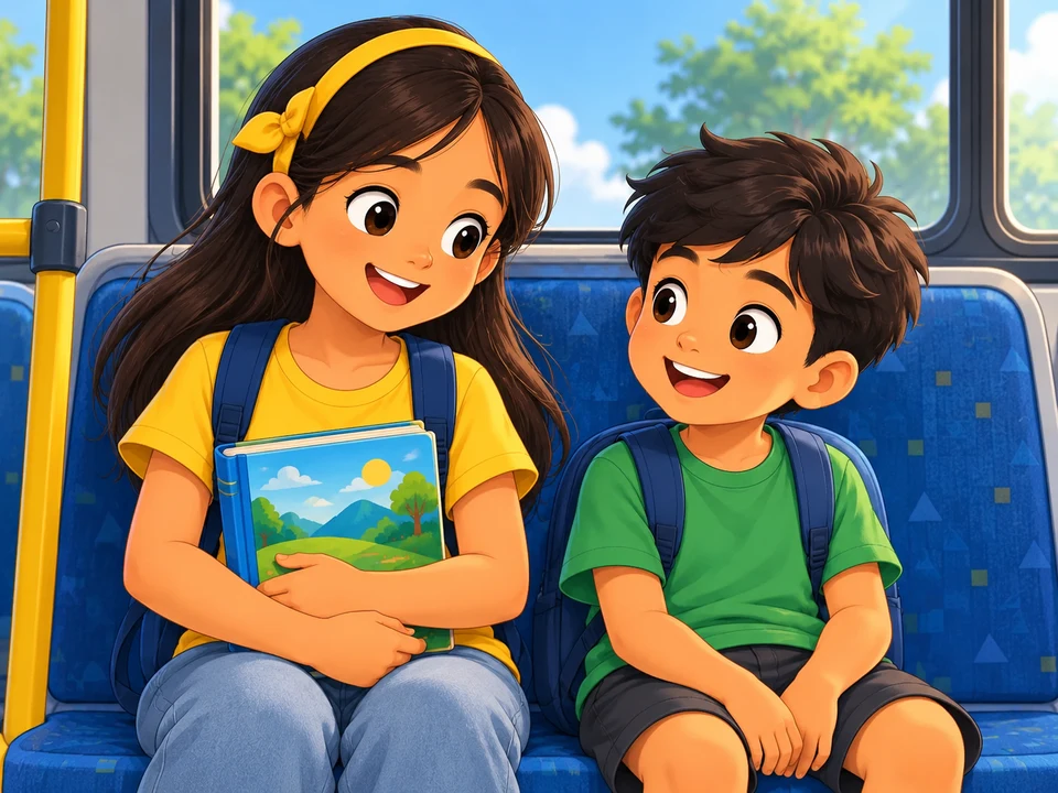 A Filipino girl and younger boy sit safely on a bus bench with a closed picture book; show only a generic window and no seat exchange or revealed view.