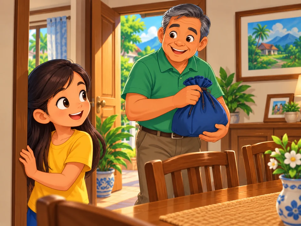 A Filipino girl watches her grandfather carry a closed cloth bag into a home dining room. No visible letters, folder, aunt, or gift reveal.
